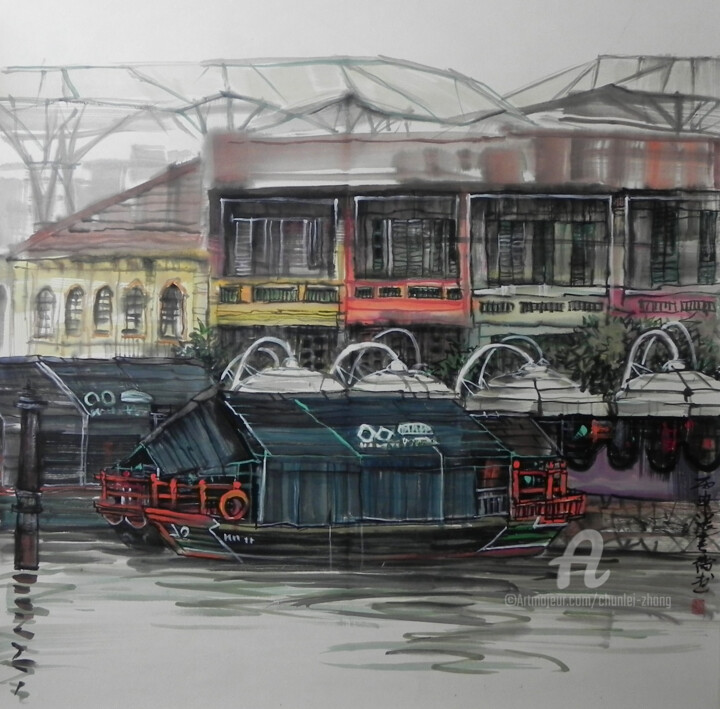 「Clarke Quay」というタイトルの描画 Chunlei Zhangによって, オリジナルのアートワーク, インク ウッドストレッチャーフレームにマウント