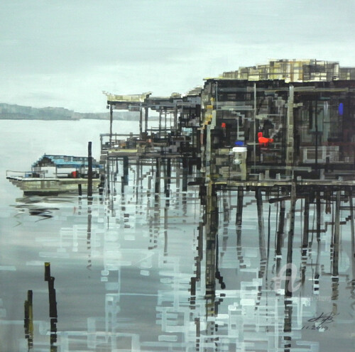 Painting titled "Fishing Village（4）渔…" by Chunlei Zhang, Original Artwork, Acrylic