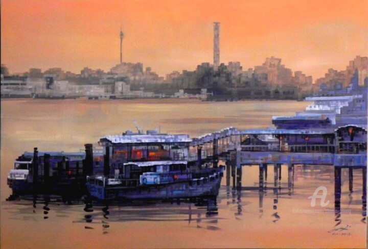 Painting titled "Dock 码头" by Chunlei Zhang, Original Artwork, Acrylic