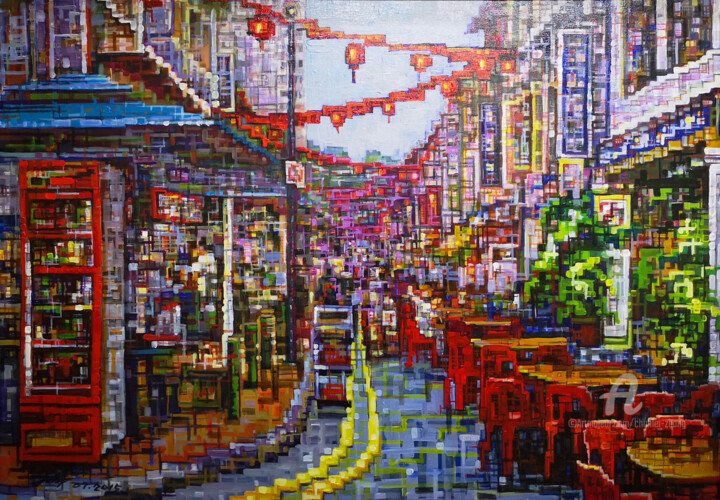 Painting titled "chinatown 2   牛车水 2" by Chunlei Zhang, Original Artwork, Oil