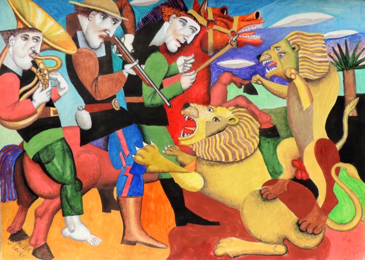 Malarstwo zatytułowany „Охота на львов” autorstwa Chuzhik, Oryginalna praca, Gwasz