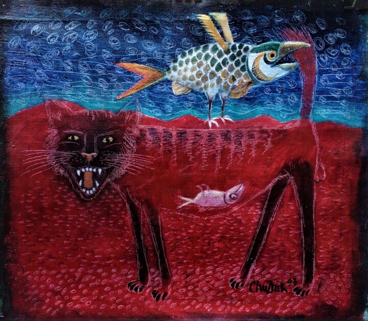 Pintura titulada "Кот и птица" por Chuzhik, Obra de arte original, Oleo