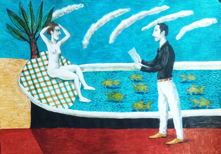 Peinture intitulée "Золотые рыбки" par Chuzhik, Œuvre d'art originale, Gouache