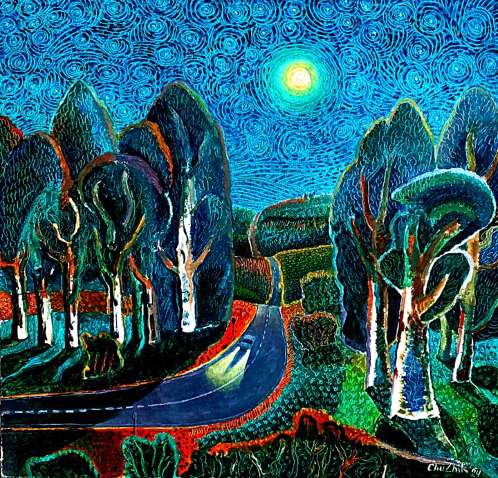 Painting titled "Дорога.  Лунная ноч…" by Chuzhik, Original Artwork, Oil
