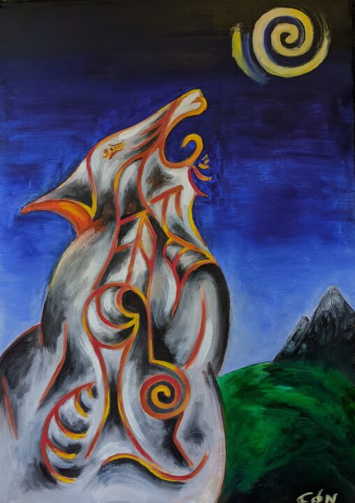 Peinture intitulée "Howling at the Moon" par Ciarán Ó Néill, Œuvre d'art originale, Huile