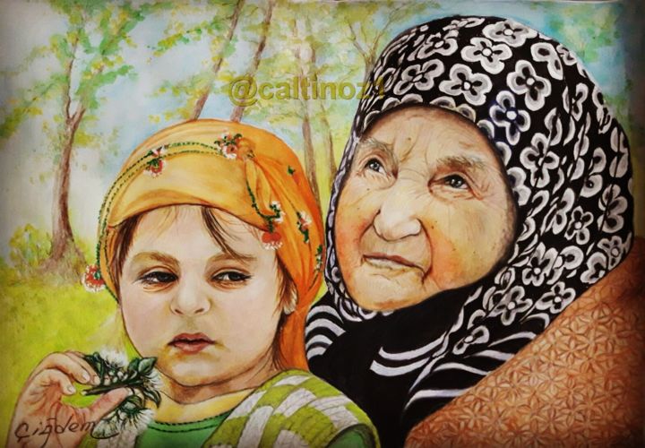 Painting titled "grandmother and gra…" by Yagmurca, Original Artwork, Watercolor