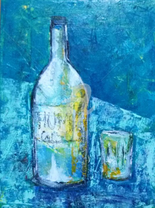 Schilderij getiteld "Bouteille bleue" door Phil Cincinati, Origineel Kunstwerk, Acryl