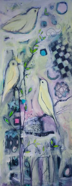 Painting titled "Birdland" by Cindy Moore Caird, Original Artwork, Oil Mounted on Wood Stretcher frame