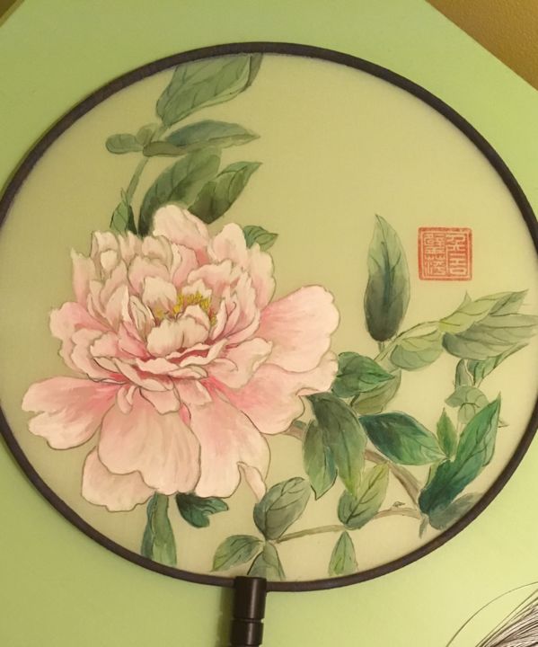 Painting titled "Pink peony on silk…" by Cindy Zhan, Original Artwork, Watercolor