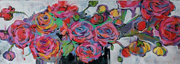 Painting titled "Fiori transgenici" by Cinzia Busto, Original Artwork, Oil Mounted on Wood Stretcher frame