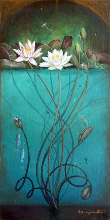 Painting titled "Waterlily ecosystem" by Cinzia Marotta, Original Artwork, Oil