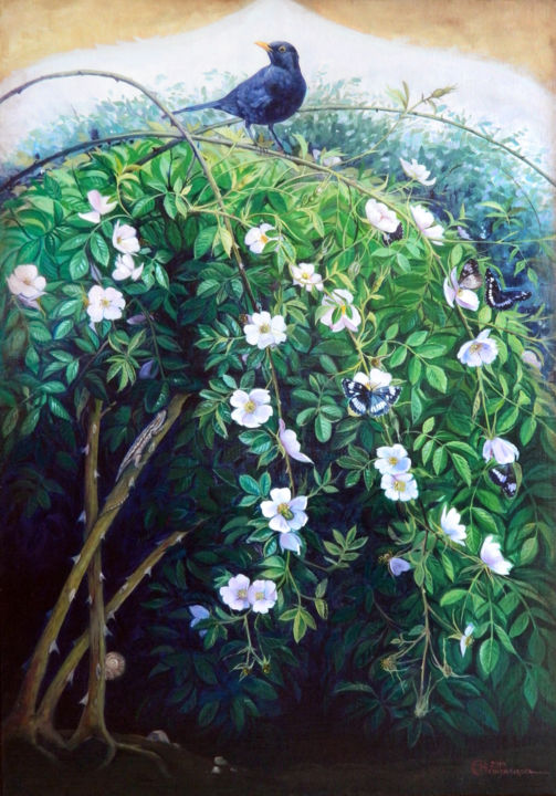 Malerei mit dem Titel "Wild Rose Bush" von Cinzia Marotta, Original-Kunstwerk, Öl