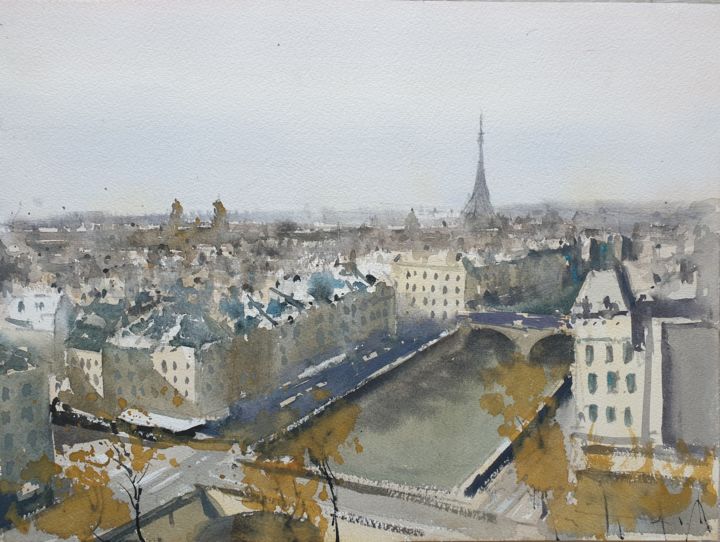 Картина под названием "Paris Panorama" - Cihan Polat, Подлинное произведение искусства, Акварель