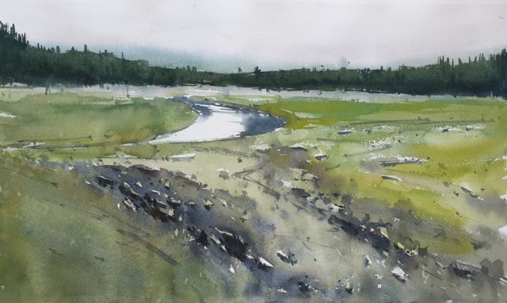 Malarstwo zatytułowany „Brittany Landscape” autorstwa Cihan Polat, Oryginalna praca, Akwarela