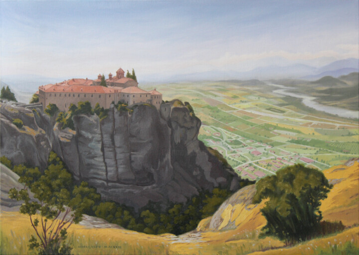 Painting titled "Meteora" by Ciprian Mihailescu, Original Artwork, Oil Mounted on Wood Stretcher frame