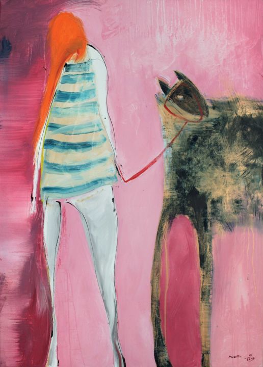 Pintura intitulada "Her black dog" por Jiri Havlik, Obras de arte originais, Acrílico