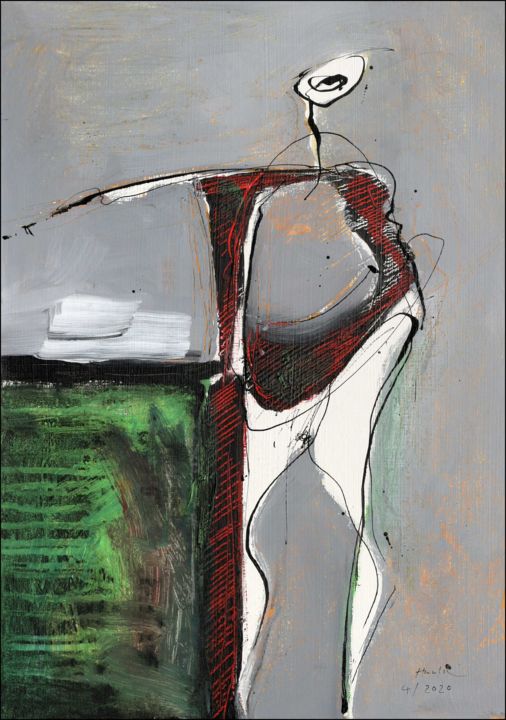 Malerei mit dem Titel "At the green table" von Jiri Havlik, Original-Kunstwerk, Acryl