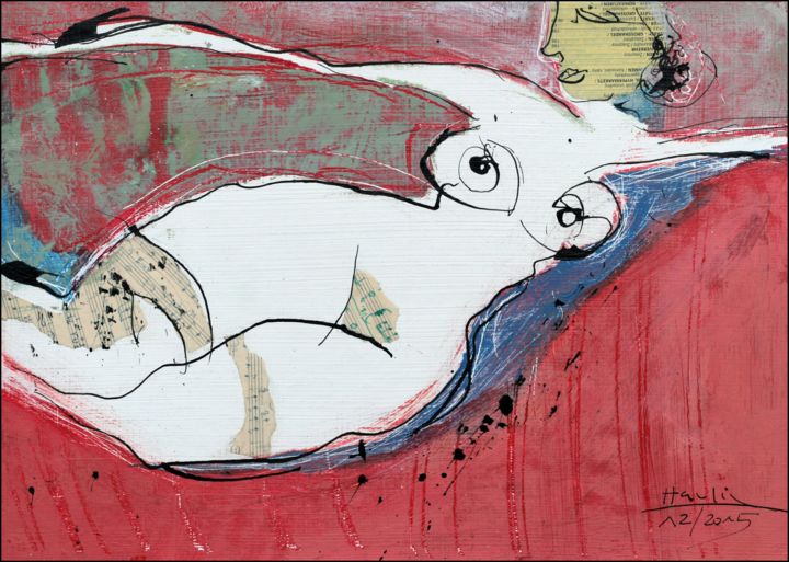 Malarstwo zatytułowany „Nude Girl on Red (E…” autorstwa Jiri Havlik, Oryginalna praca, Akryl