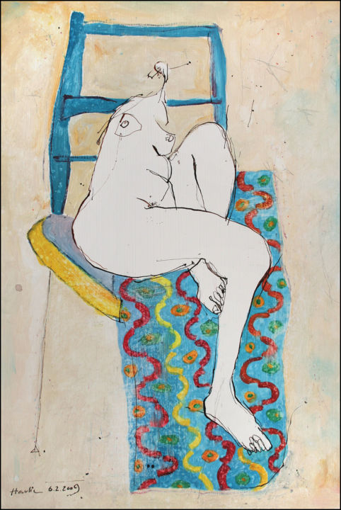 「Nude on a chair」というタイトルの絵画 Jiri Havlikによって, オリジナルのアートワーク, アクリル