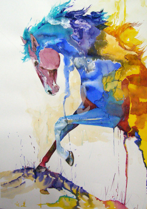 Schilderij getiteld "The Rainbow Horse" door Cl, Origineel Kunstwerk, Gouache