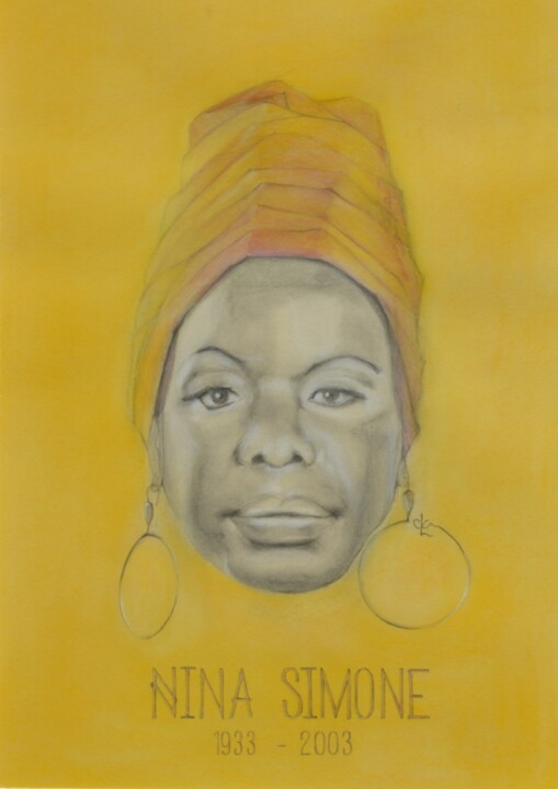 Drawing titled "Nina Simone" by Cla Portraits, Original Artwork, Charcoal