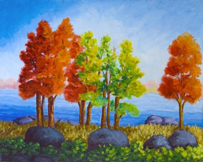 Painting titled "Paysage d'automne" by Claire Bizier, Original Artwork