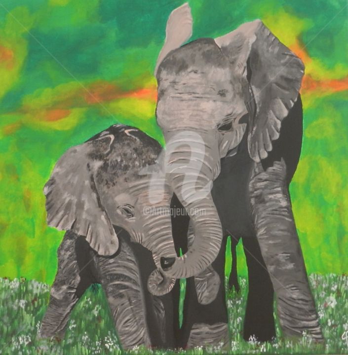 Painting titled "Les éléphants" by Claire Fleur-Gilles, Original Artwork, Acrylic