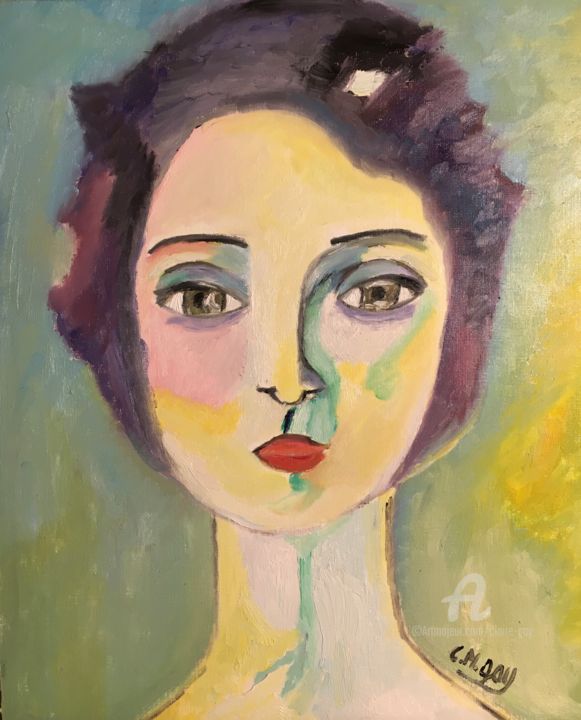 Painting titled ""Portrait de femme"…" by Claire Marie Gay, Original Artwork, Oil Mounted on Wood Panel