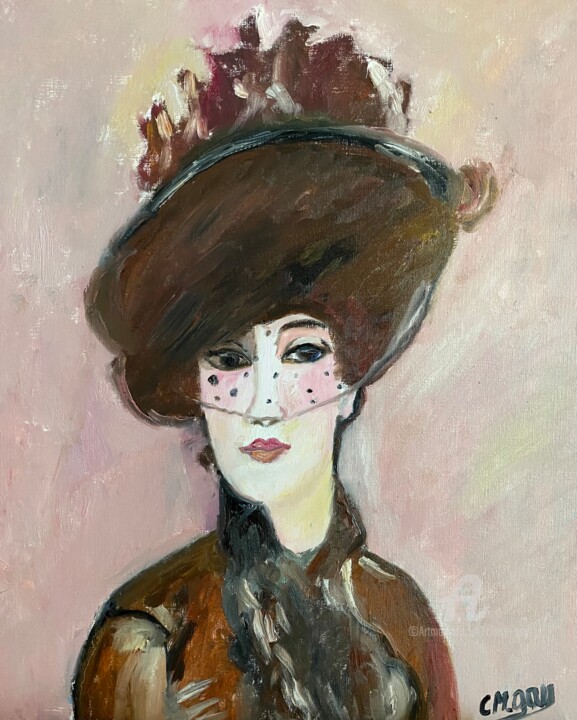 Peinture intitulée ""Iris et son chapea…" par Claire Marie Gay, Œuvre d'art originale, Huile Monté sur Panneau de bois