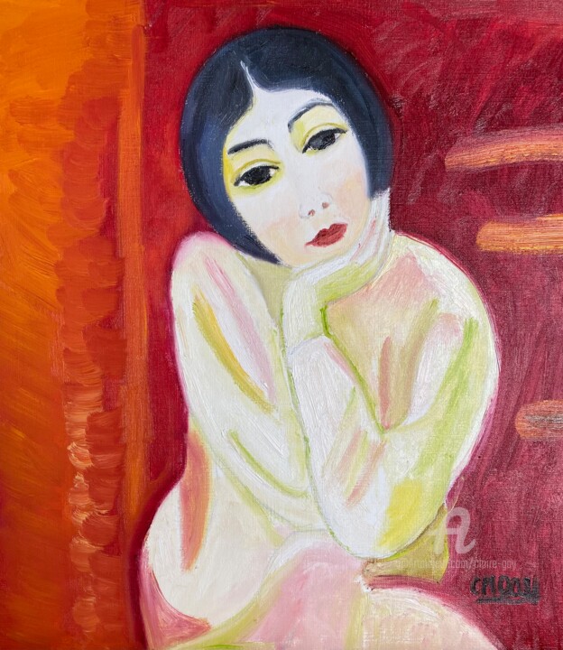 Painting titled ""Judith, assise"" by Claire Marie Gay, Original Artwork, Oil Mounted on Wood Panel