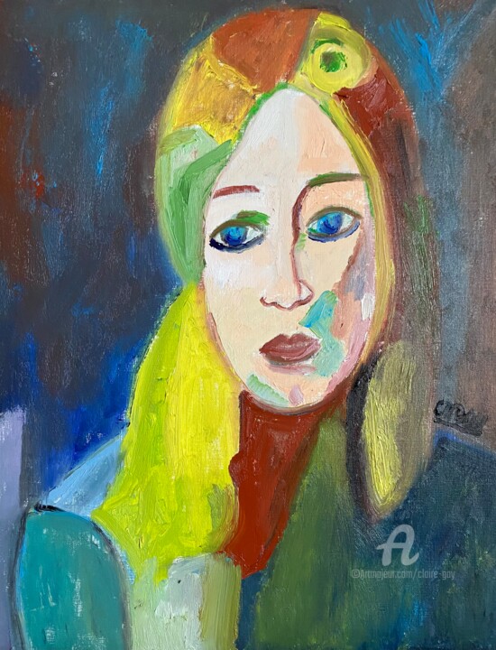Painting titled ""Le regard de Marie"" by Claire Marie Gay, Original Artwork, Oil Mounted on Wood Panel