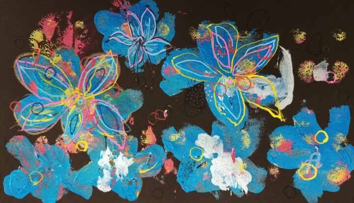 Peinture intitulée "Fleurs bleues dans…" par Claire Mériel, Œuvre d'art originale, Acrylique