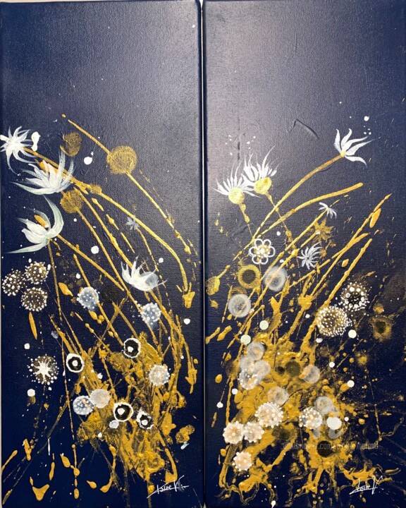Painting titled "Golden flowers" by Claire Morand, Original Artwork, Acrylic Mounted on Wood Stretcher frame