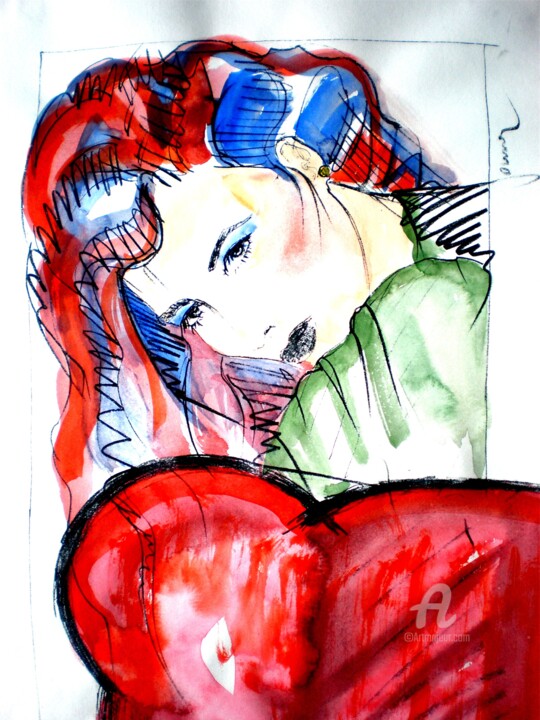 Schilderij getiteld "Red Chaire Lady" door Claire, Origineel Kunstwerk, Aquarel