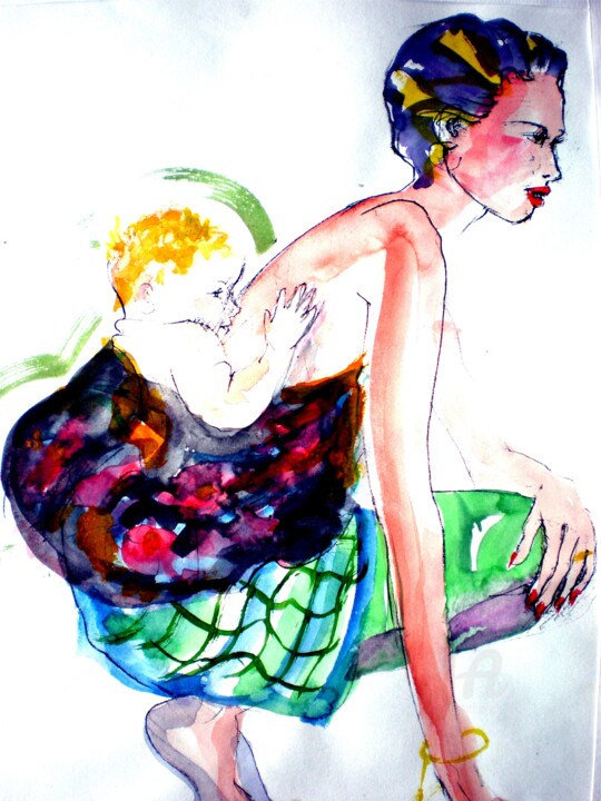 Pintura intitulada "Mother with Child" por Claire, Obras de arte originais, Aquarela