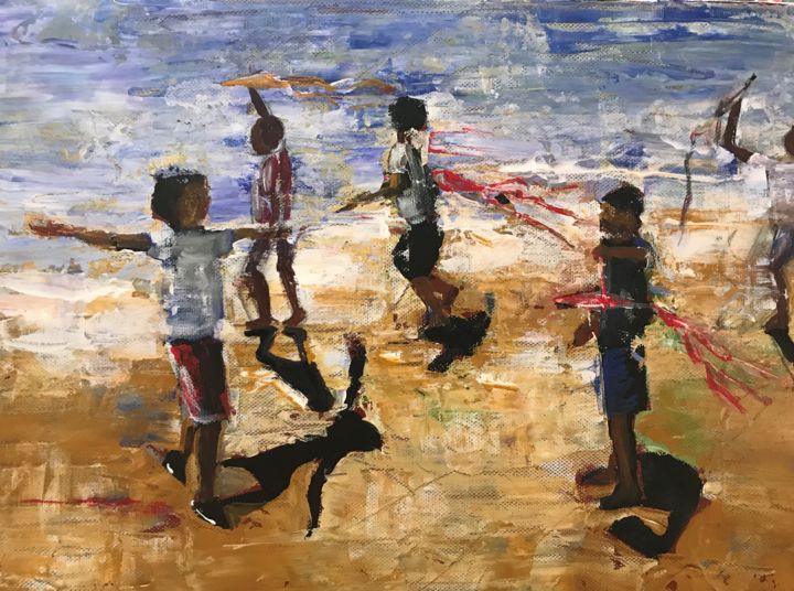 Peinture intitulée "enfants cerfs volan…" par Claire Richelme, Œuvre d'art originale, Acrylique