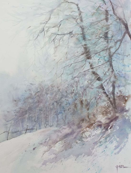 Pintura intitulada "Promenade hivernale" por Clara Pian, Obras de arte originais, Aquarela