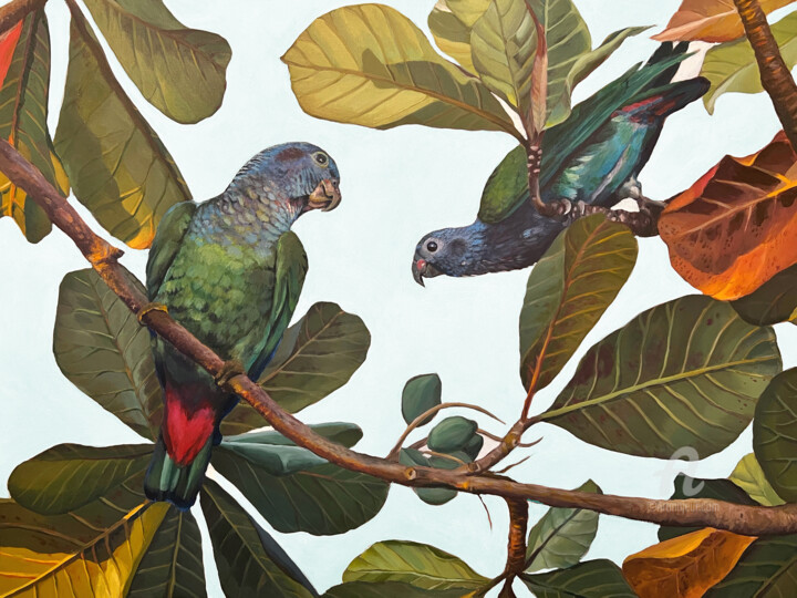 Malerei mit dem Titel "Two maitaca-verde p…" von Clarissa Patrianova Valaeys, Original-Kunstwerk, Acryl