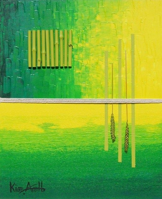 Peinture intitulée "Vert - Corde 10 Bam…" par Kim-Anh, Œuvre d'art originale