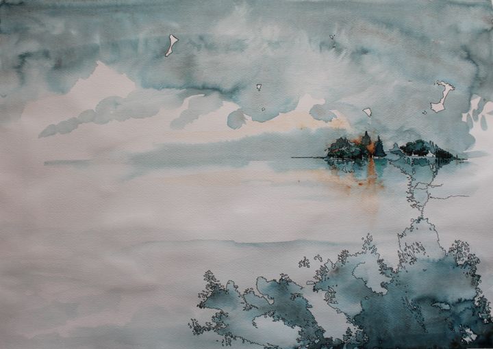 Peinture intitulée "Je serai ton île -…" par Clau Redier-Clément, Œuvre d'art originale, Aquarelle Monté sur Verre
