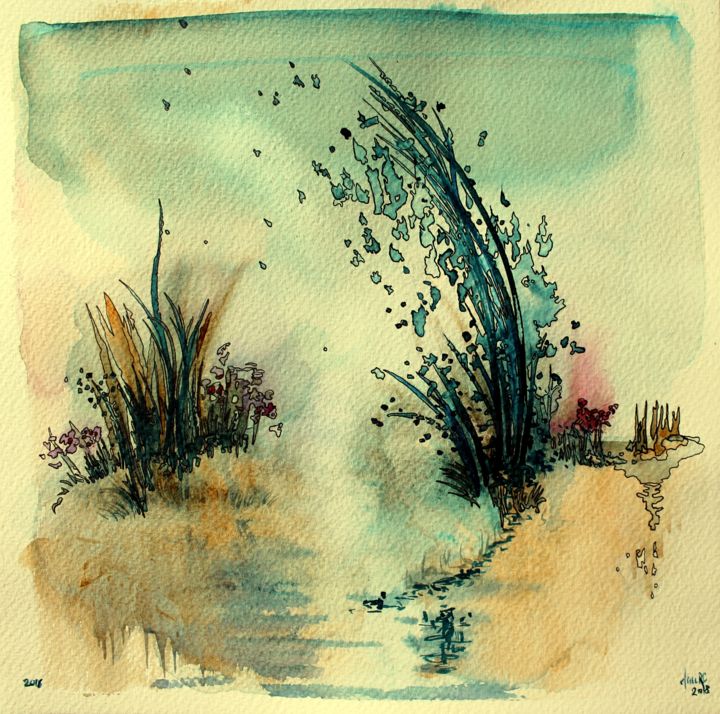 Pintura intitulada "Les herbes bleues -…" por Clau Redier-Clément, Obras de arte originais, Aquarela