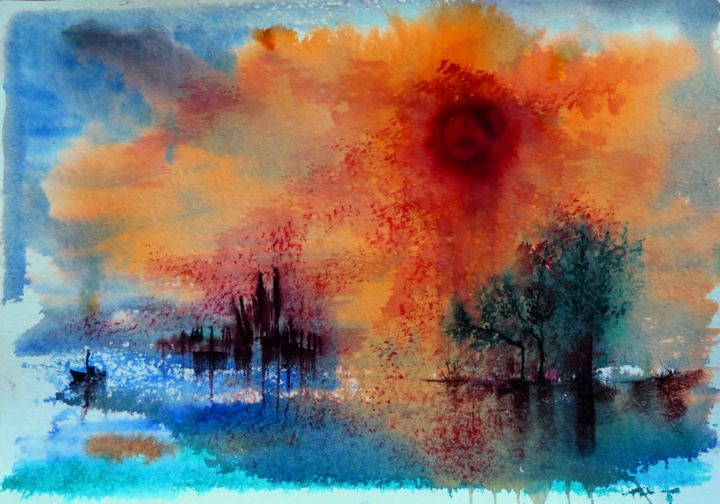 Paysage, Soleil Rouge - Encre Aquarelle , Peinture par Clau Redier-Clément