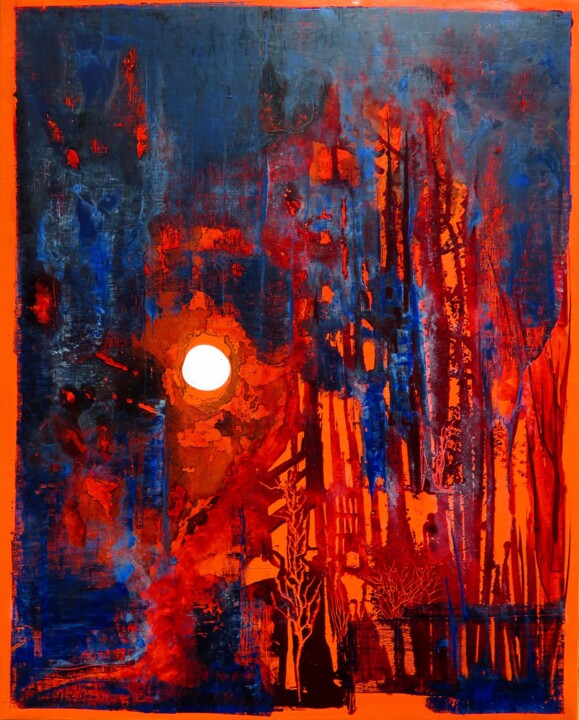 Painting titled "Nuit claire - paysa…" by Clau Redier-Clément, Original Artwork, Ink Mounted on Other rigid panel