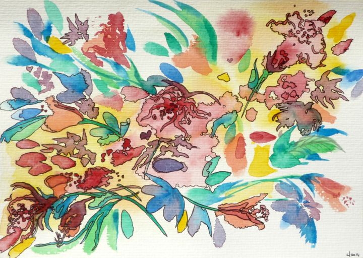 Peinture intitulée "Bouquet de taches -…" par Clau Redier-Clément, Œuvre d'art originale, Aquarelle