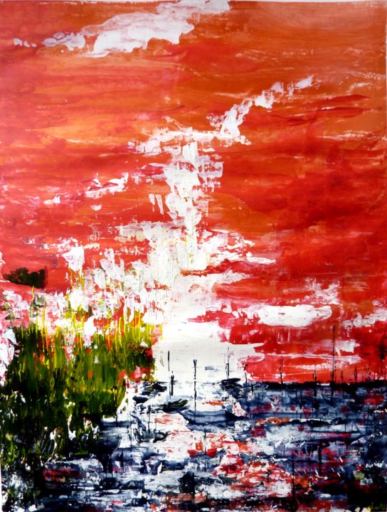 Peinture intitulée "Ciel rouge sur le p…" par Clau Redier-Clément, Œuvre d'art originale, Acrylique