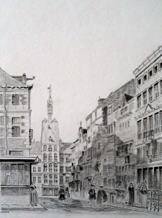 Dessin intitulée "vieux Maastricht" par Claude Berghmans, Œuvre d'art originale, Crayon