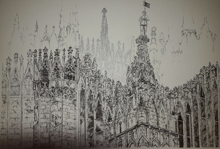 Dessin intitulée "Duomo Milano" par Claude Berghmans, Œuvre d'art originale, Marqueur