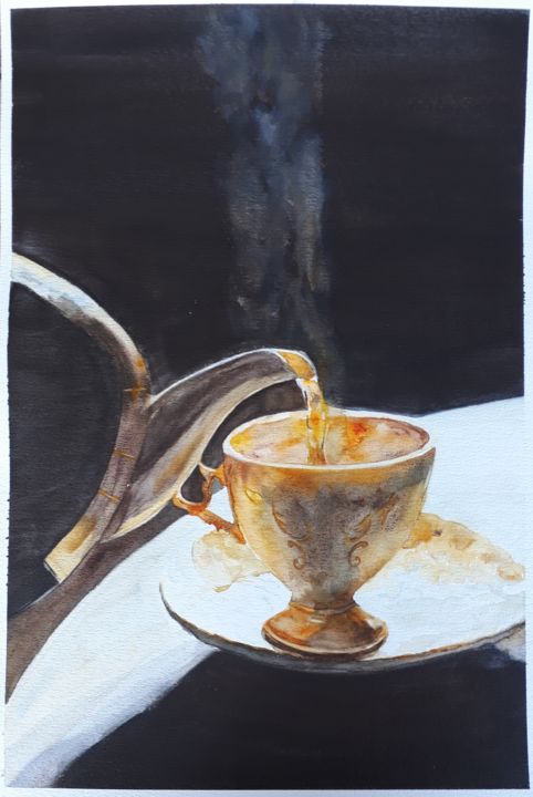 Painting titled "let's have a cup of…" by Claude Berghmans, Original Artwork, Watercolor