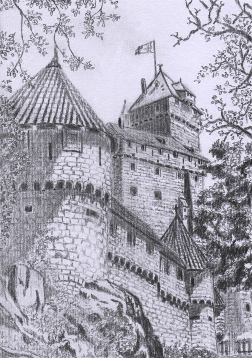 Drawing titled "Haut-Koenigsbourg" by Claude Blaesius, Original Artwork, Graphite