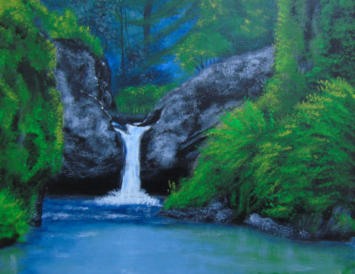 Malerei mit dem Titel "Chute d'eau en forêt" von Claude Blaesius, Original-Kunstwerk, Acryl